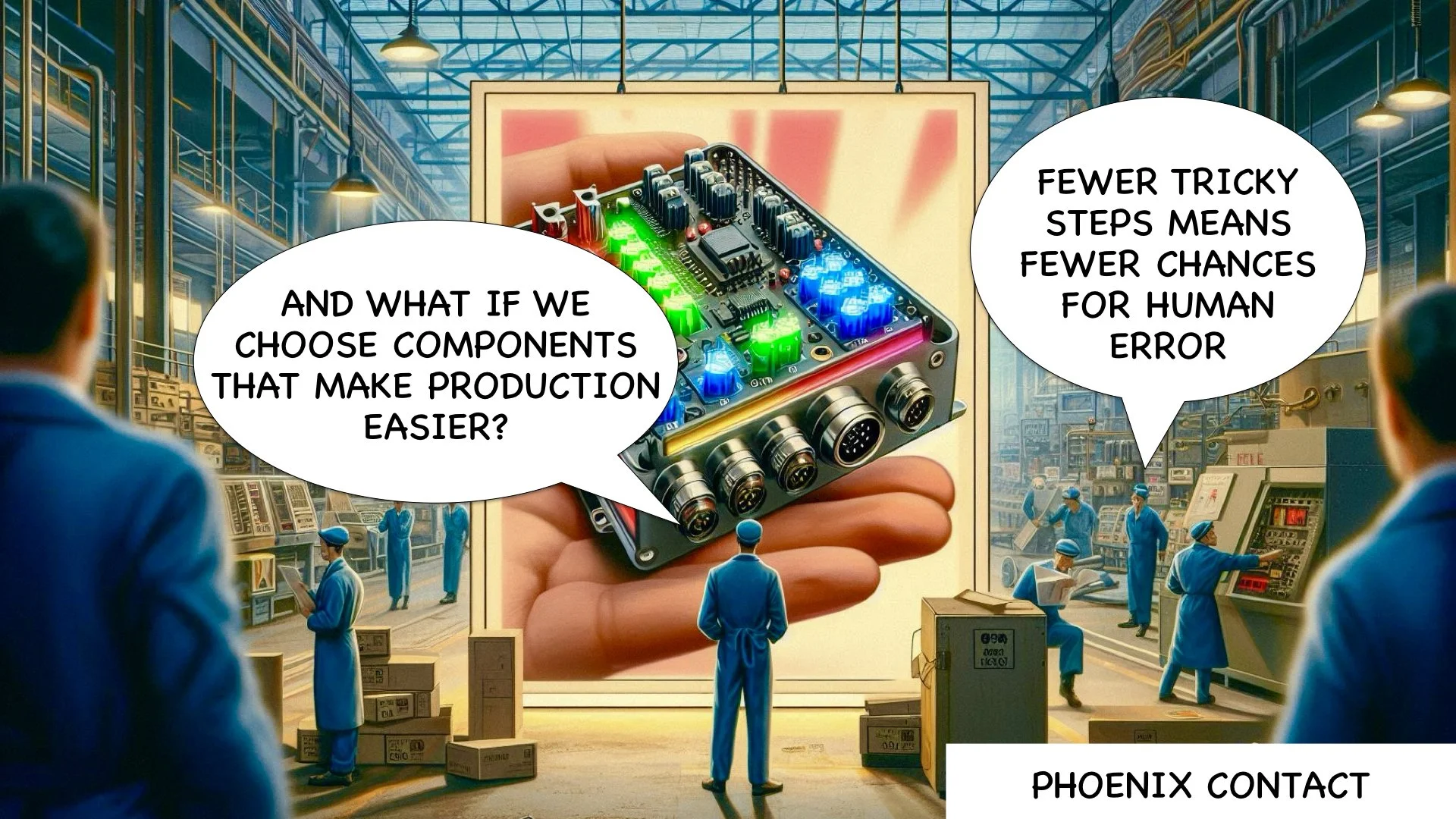 Large billboard showing electronics device in a factory