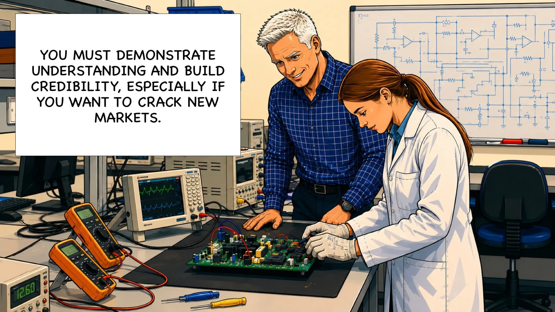 Two people working together in a laboratory or engineering workspace, testing an electronic circuit with various measurement tools, including oscilloscopes and multimeters, with a schematic diagram on the whiteboard in the background.