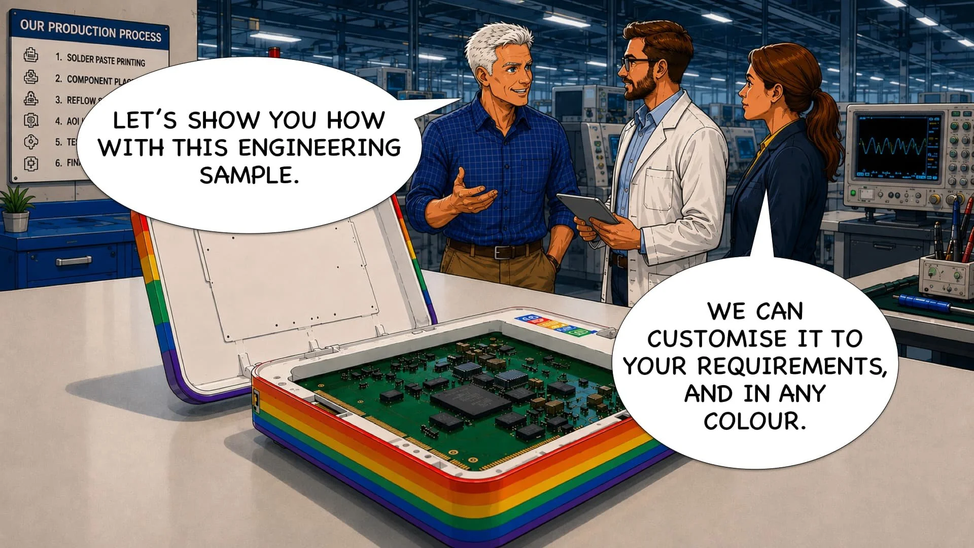 Three people in a manufacturing or engineering lab, discussing a colorful engineering sample in a rainbow-colored box with a circuit board inside, with a poster of a process flowchart in the background.
