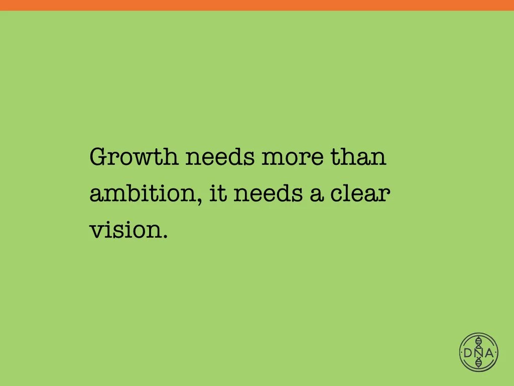 Green background with black text that says, 'Growth needs more than ambition, it needs a clear vision.' In the bottom right corner, a small logo with the initials DNA inside a circle.