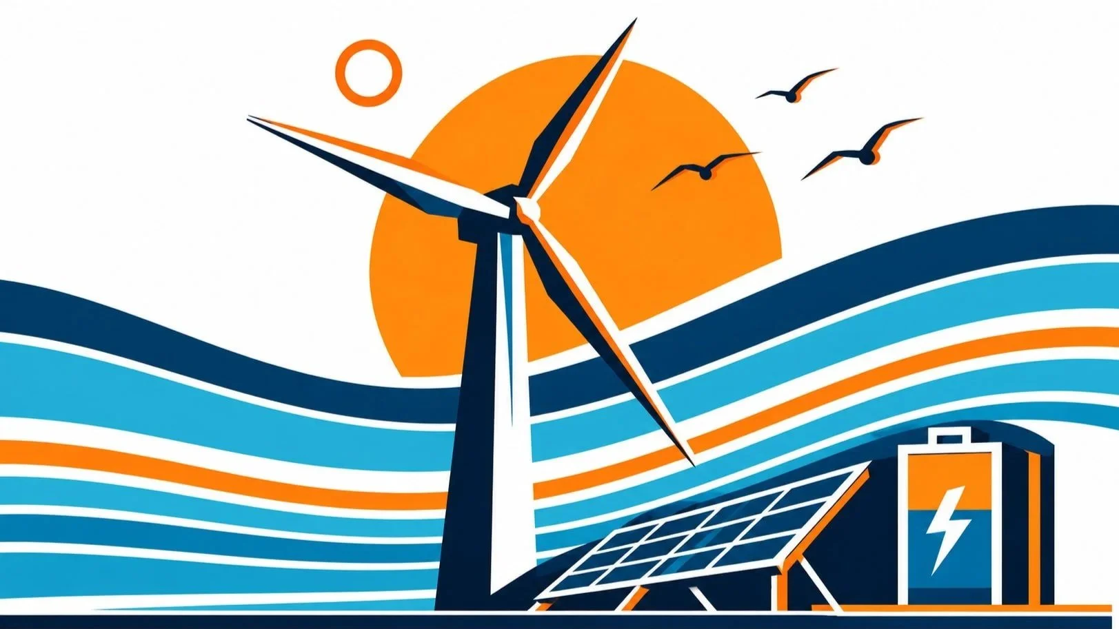 Illustration of renewable energy sources including a wind turbine, solar panel, and a battery, with seagulls flying in the sky and a setting sun in the background.