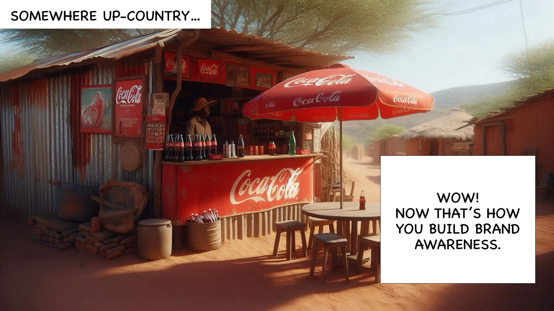 A small roadside Coca-Cola stand made of wood and corrugated metal in a rural setting with a straw-roofed building in the background. The stand is shaded by a large Coca-Cola branded umbrella and has bottles of Coca-Cola on the counter. There is a person behind the stand wearing a wide-brimmed hat.