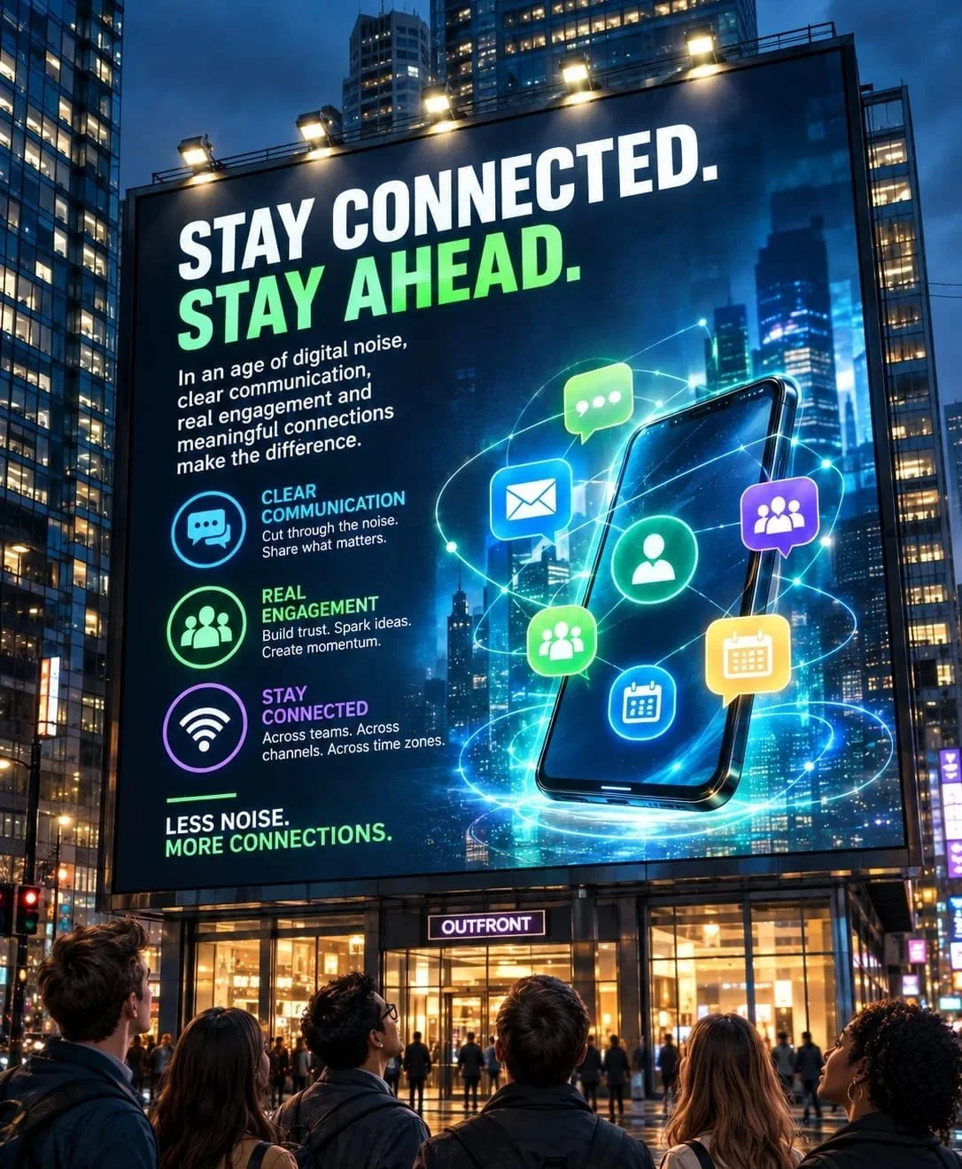 Large LED billboard in a cityscape shows an advertisement emphasizing staying connected and ahead with digital communication, featuring icons and a phone image, with a group of people looking at it.