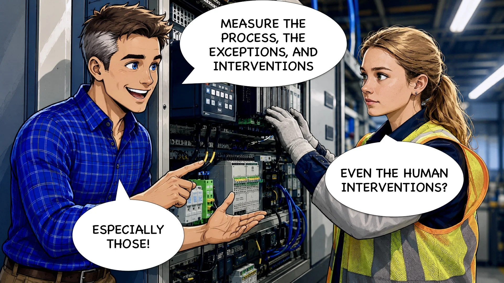 Engineers talking next to an industrial control panel
