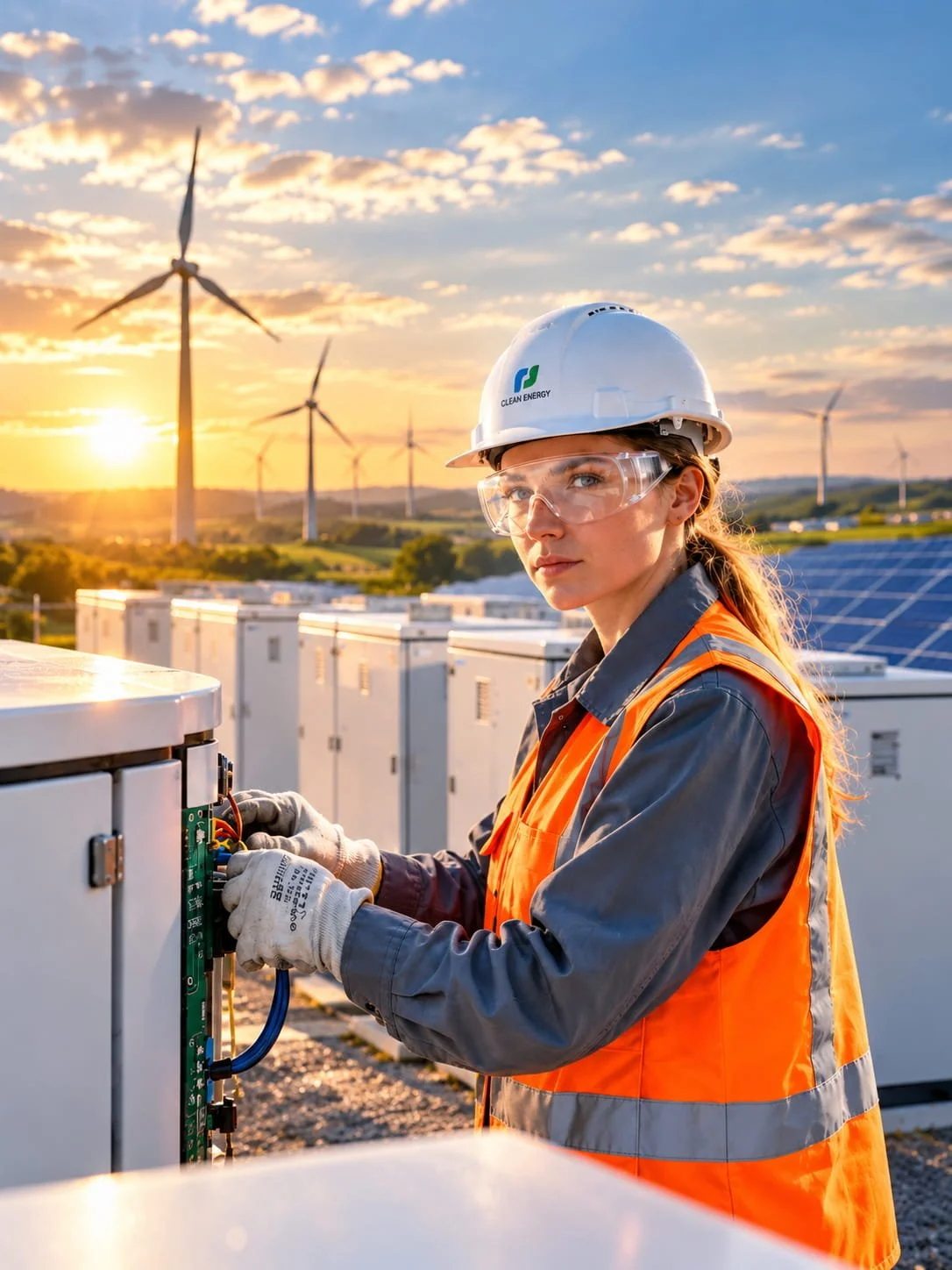 A female worker in safety gear working on electrical equipment at a solar and wind power plant during sunset.
