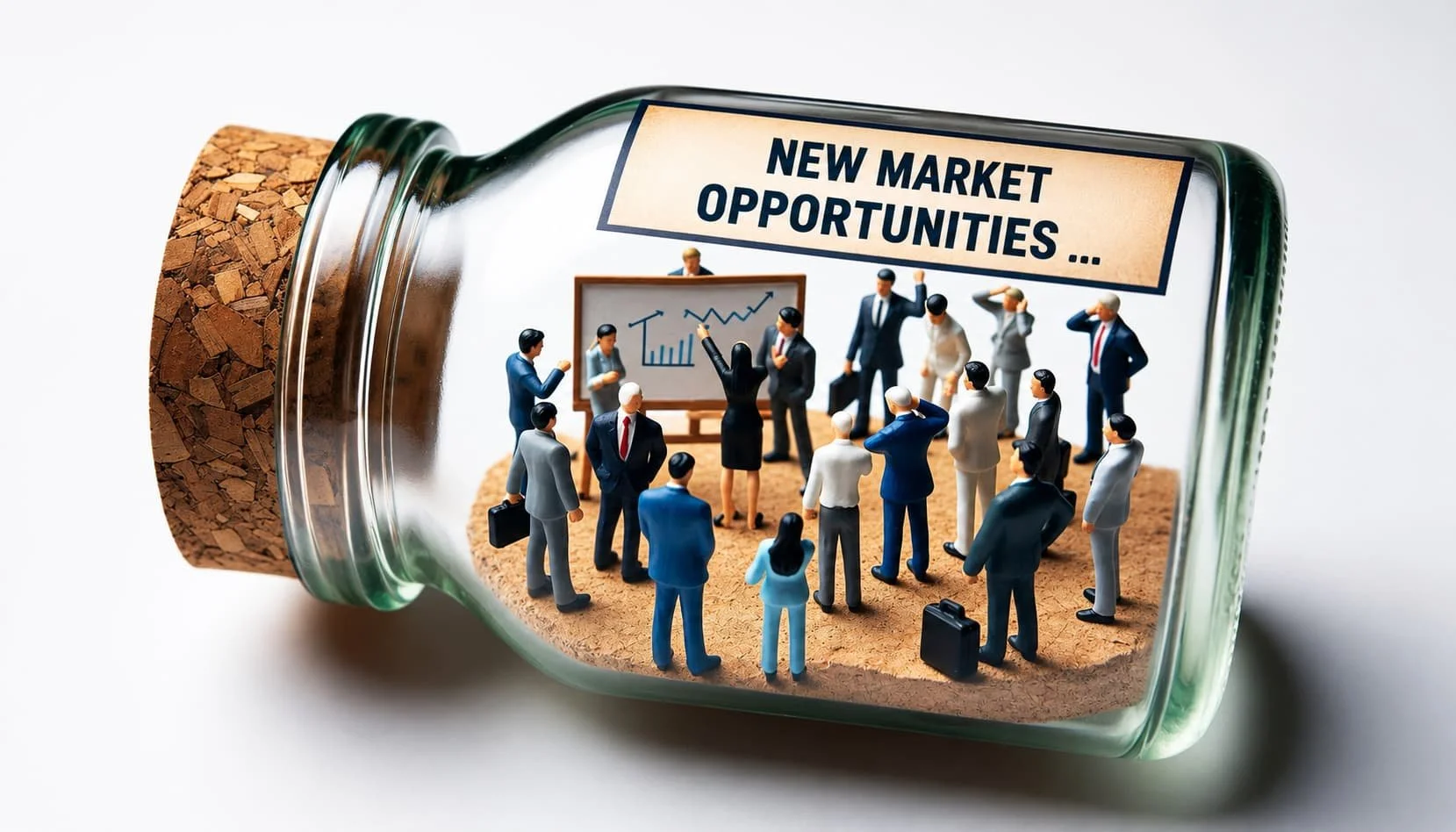 You can't read the label from inside the bottle. Miniature figurines of businesspeople participating in a presentation in a small, makeshift meeting inside a glass bottle with a cork at the mouth. The scene symbolizes new market opportunities.