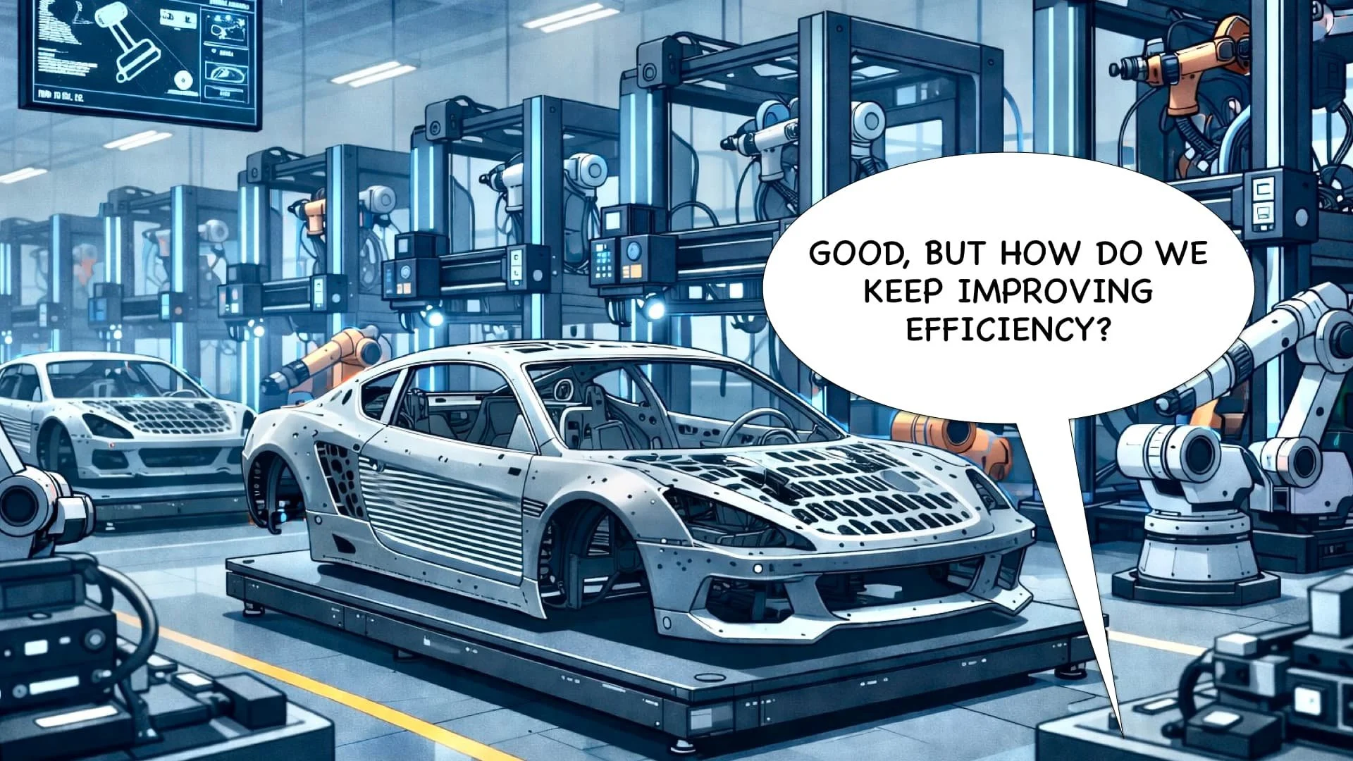 Illustration of a futuristic car manufacturing facility with robotic arms assembling a sports car. A speech bubble reads, 'Good, but how do we keep improving efficiency?'