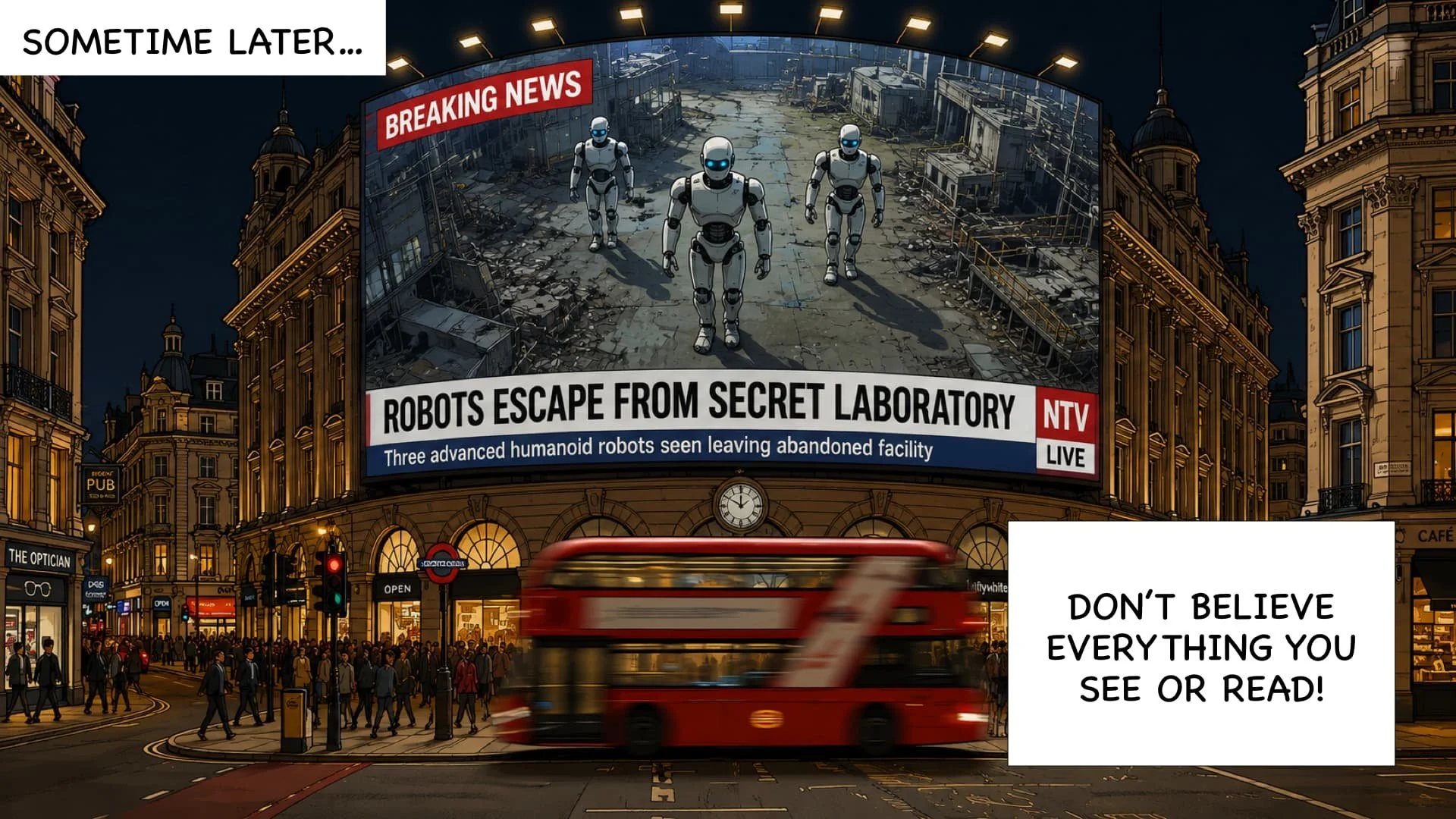 Large digital billboard displays a news story about robots escaping from a secret laboratory, showing three humanoid robots leaving an abandoned facility. The billboard is mounted on a historic European-style building in a busy city square at night, with pedestrians, shops, and a red double-decker bus passing by below.