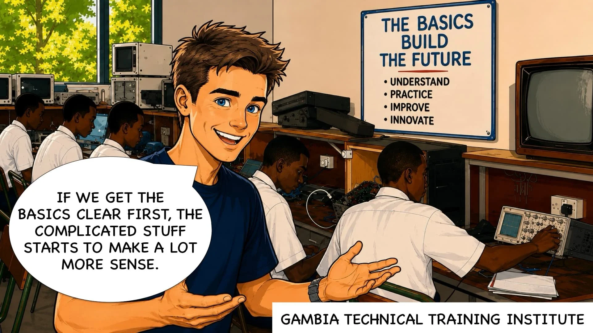 A cartoon of a classroom with boy students working with electronic equipment, and a smiling instructor in the foreground. A poster on the wall reads, 'The basics build the future - understand, practice, improve, innovate.' The speech bubble from the instructor says, 'If we get the basics clear first, the complicated stuff starts to make a lot more sense.' The classroom is at Gambia Technical Training Institute.