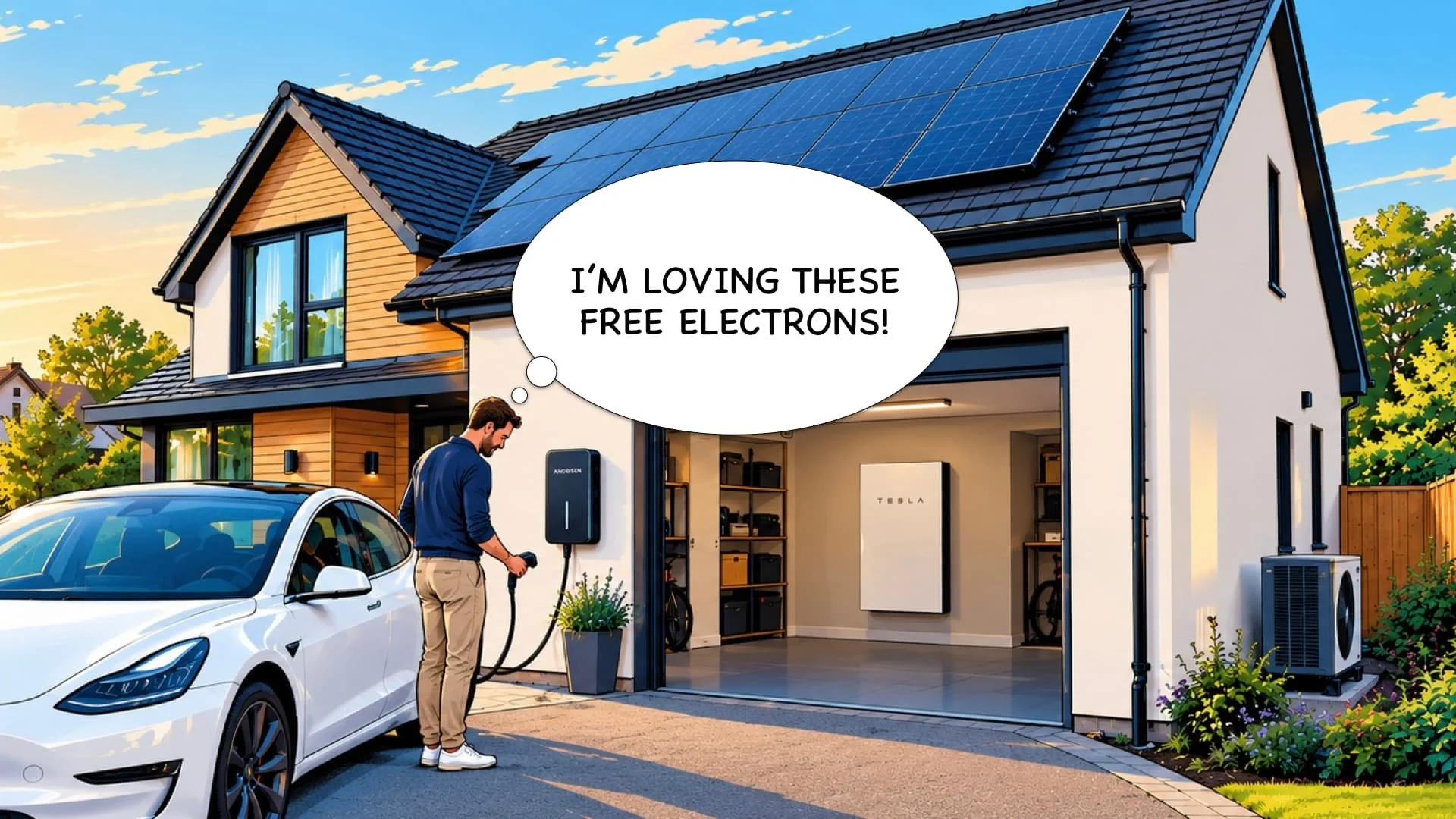 Modern house with solar panels on roof, man charging an electric car in garage, speech bubble saying 'I'm loving these free electrons!'