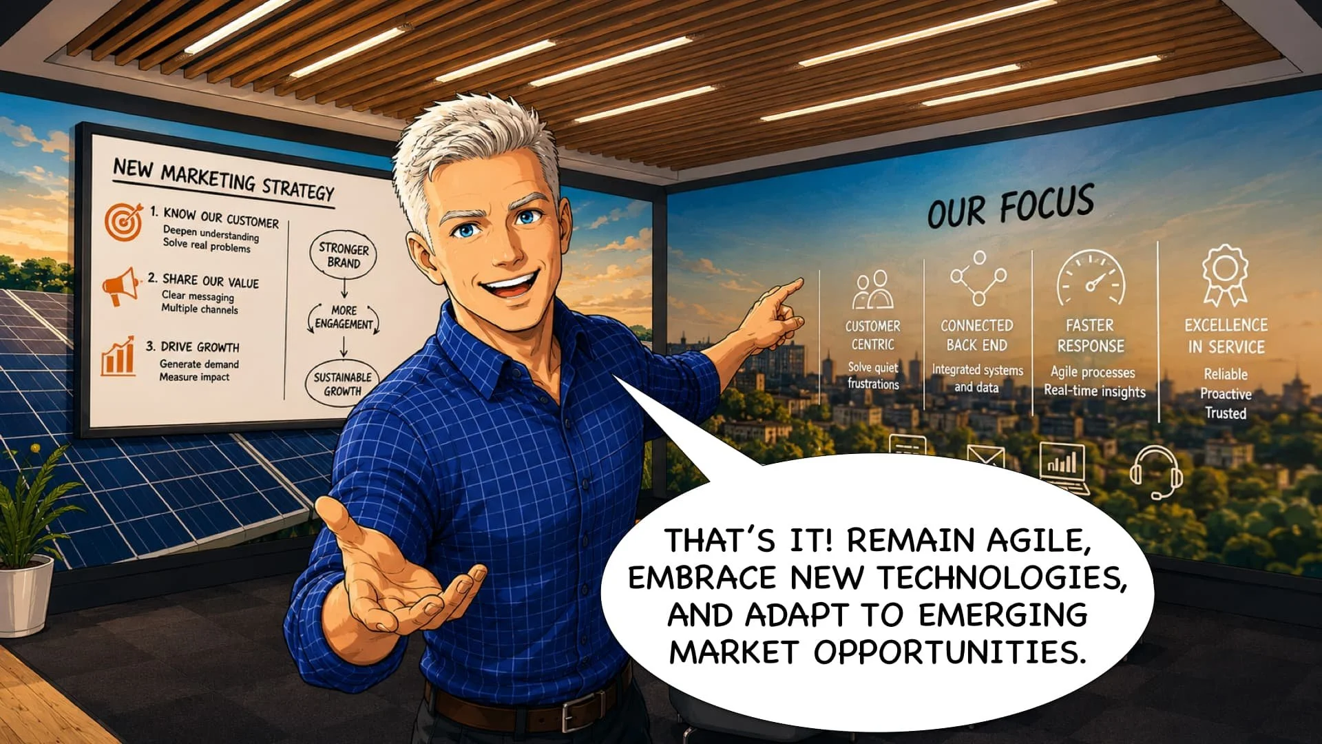A man with gray hair in a blue checkered shirt smiling and gesturing with his hand in a modern office with large windows and a city view. Behind him are presentation screens displaying marketing strategies and focus points, with a speech bubble saying, "That's it! Remain agile, embrace new technologies, and adapt to emerging market opportunities."