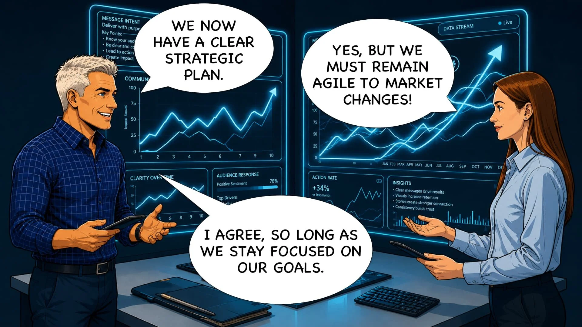 Two businesspeople having a discussion in front of digital data screens displaying charts and graphs, with speech bubbles discussing strategic planning and market changes.