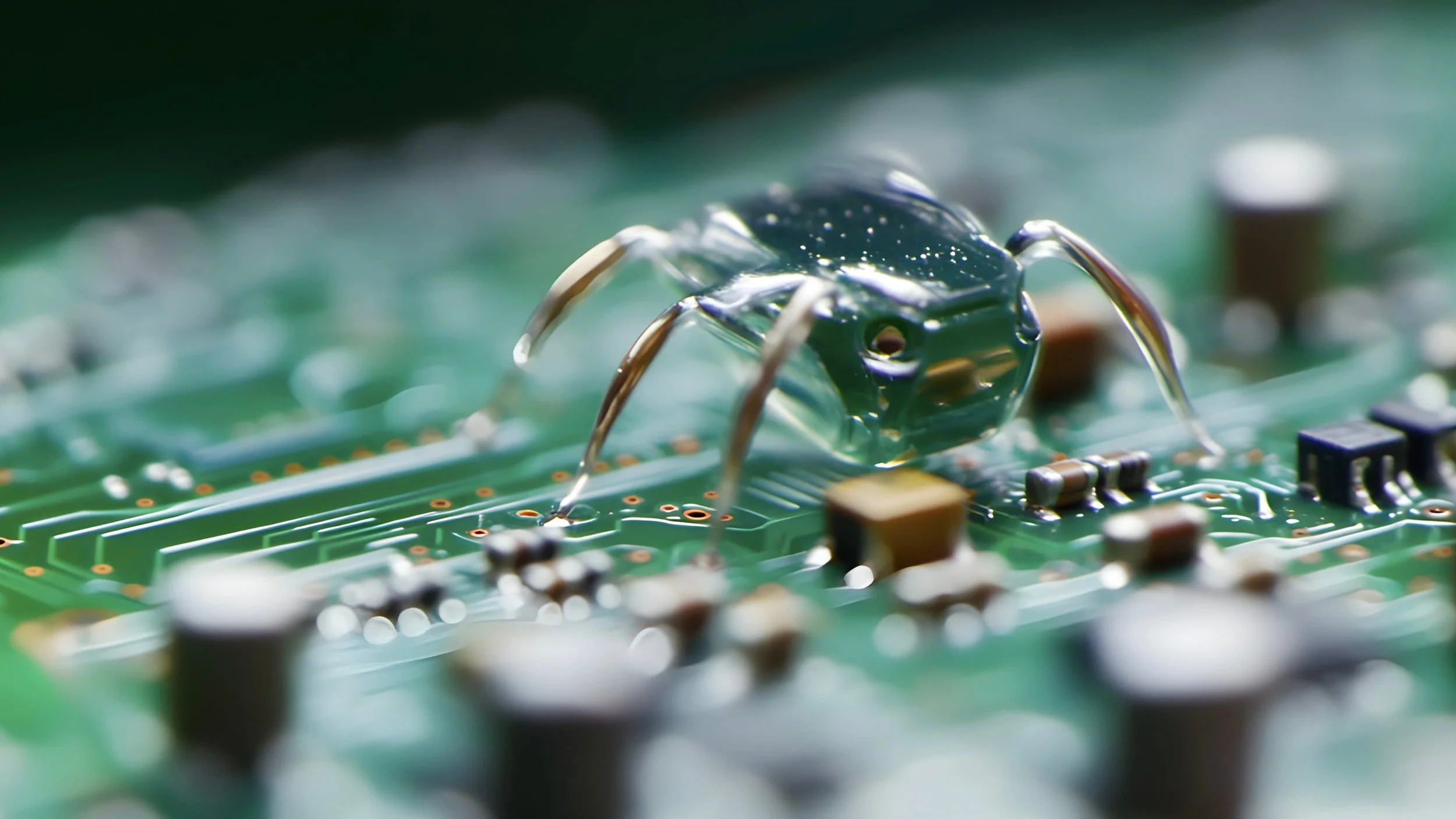 Close-up of a small bug walking on a circuit board.