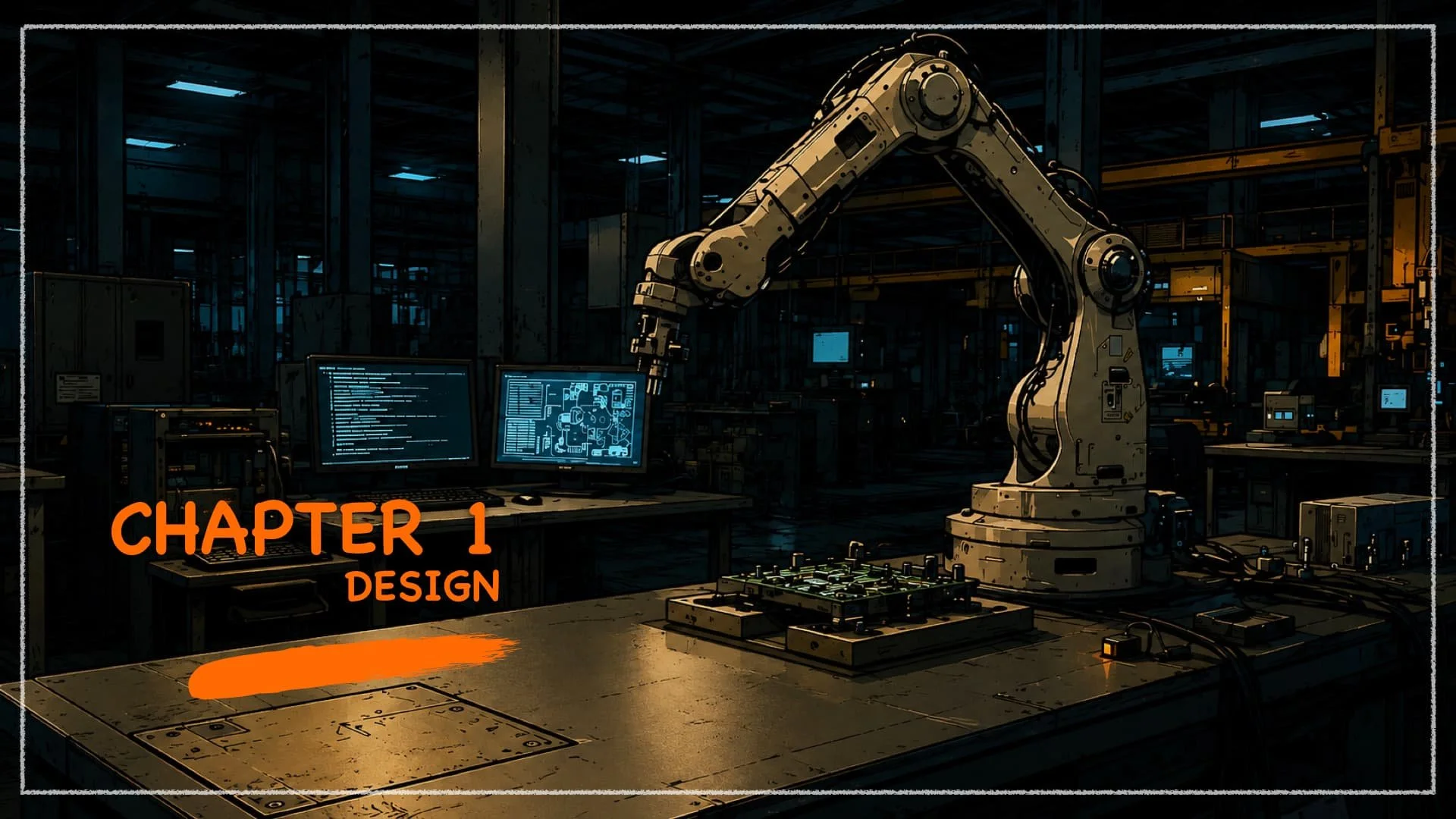 A robotic arm in a high-tech industrial setting with computer screens displaying technical data, and the text 'Chapter 1 Design' in orange.