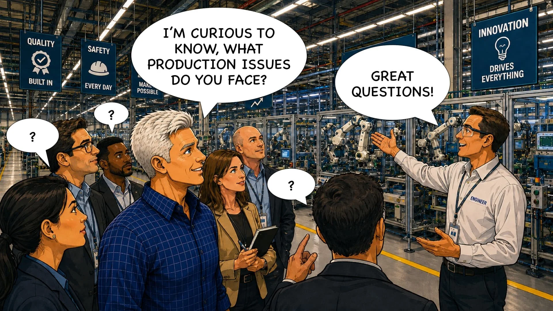 A group of diverse professionals visiting a manufacturing or technology facility with robotic automation equipment. A guide or engineer is explaining production issues amidst banners that read 'Quality built in,' 'Safety every day,' and 'Innovation drives everything.'