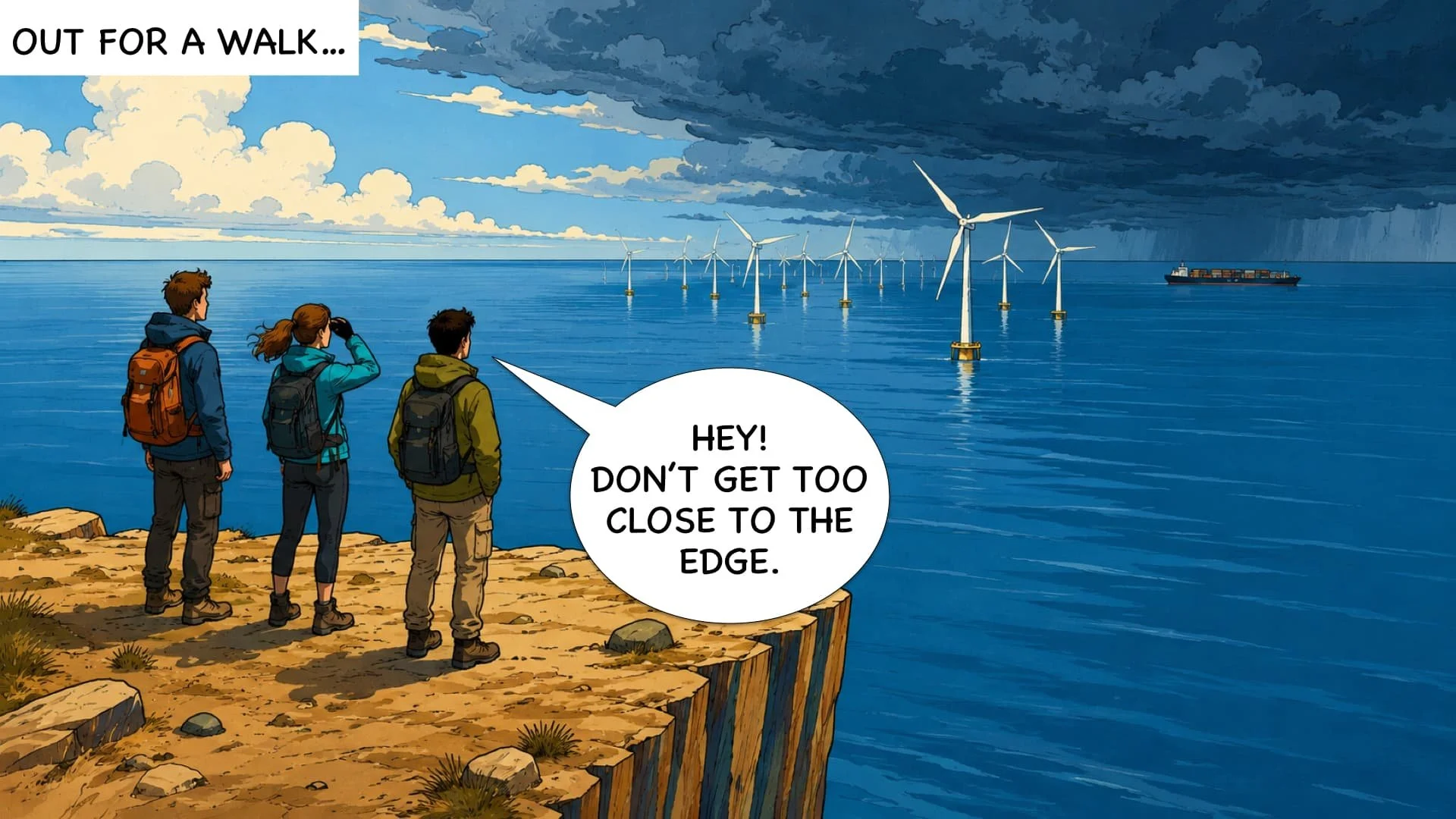 Three people with backpacks standing on a rocky cliff overlooking the ocean with wind turbines and a cargo ship in the distance. The sky is partly cloudy with dark storm clouds on the right. A speech bubble says, "Hey! Don’t get too close to the edge." The top of the image has text that reads, "Out for a walk...".