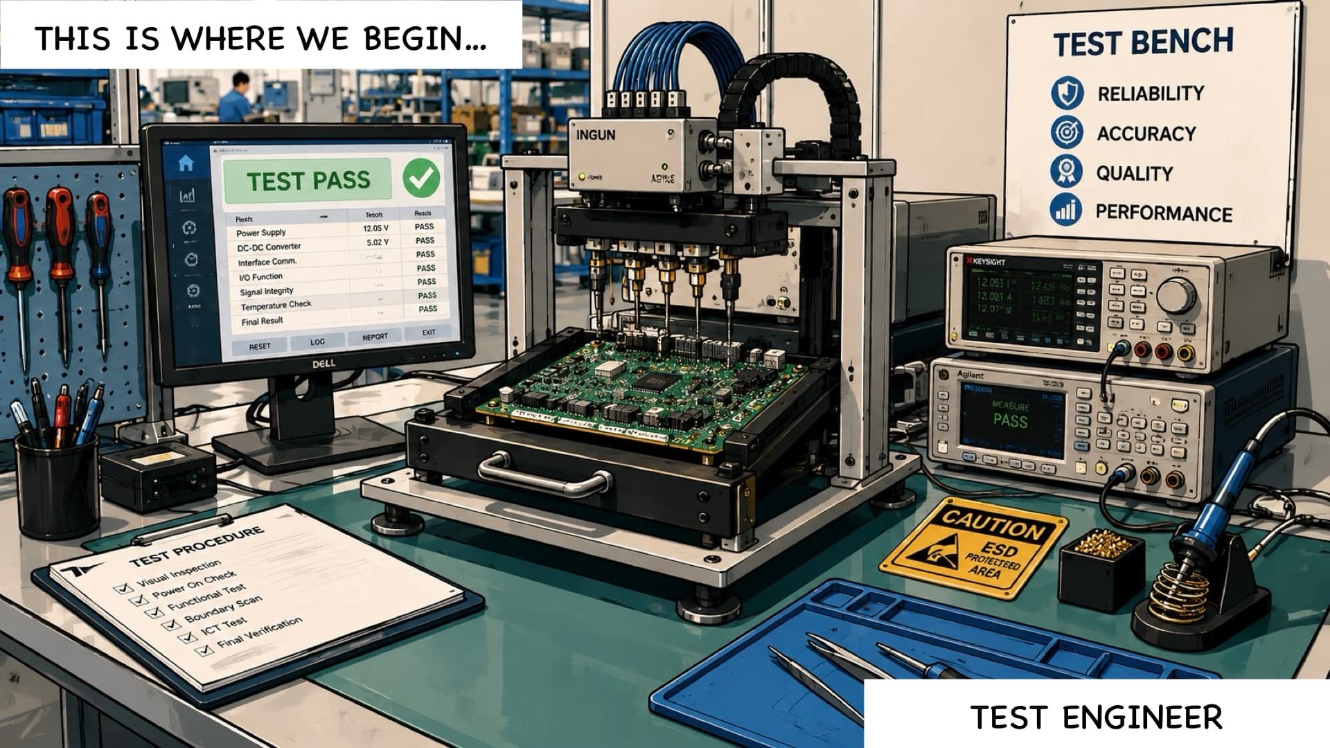 Test engineer's workstation with a circuit board being tested by automated equipment, a monitor displaying 'Test Pass', testing tools, and safety signage in an electronics manufacturing setting.