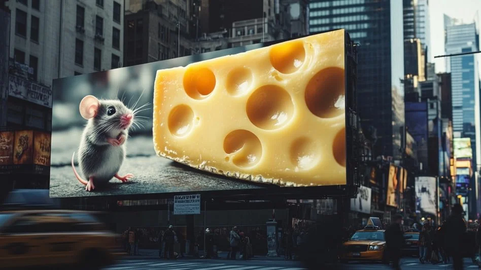 A large digital billboard in Times Square showing a close-up of a mouse next to a big wedge of Swiss cheese with holes.