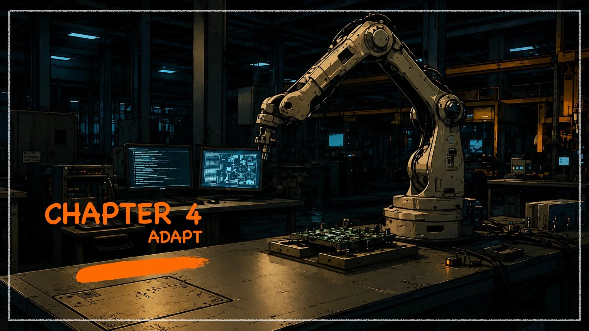 An industrial workshop with a robotic arm, multiple computer screens displaying technical data, and various electronic equipment, illuminated by dim lighting.