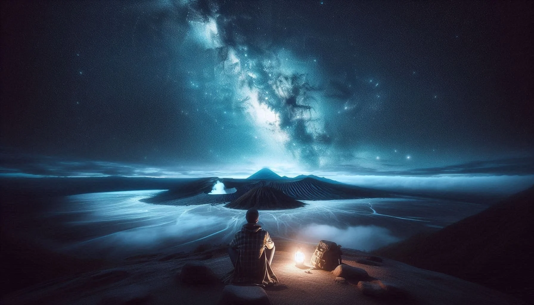 Person sitting on sand dune watching the Milky Way galaxy above volcanic caldera under starry night sky.