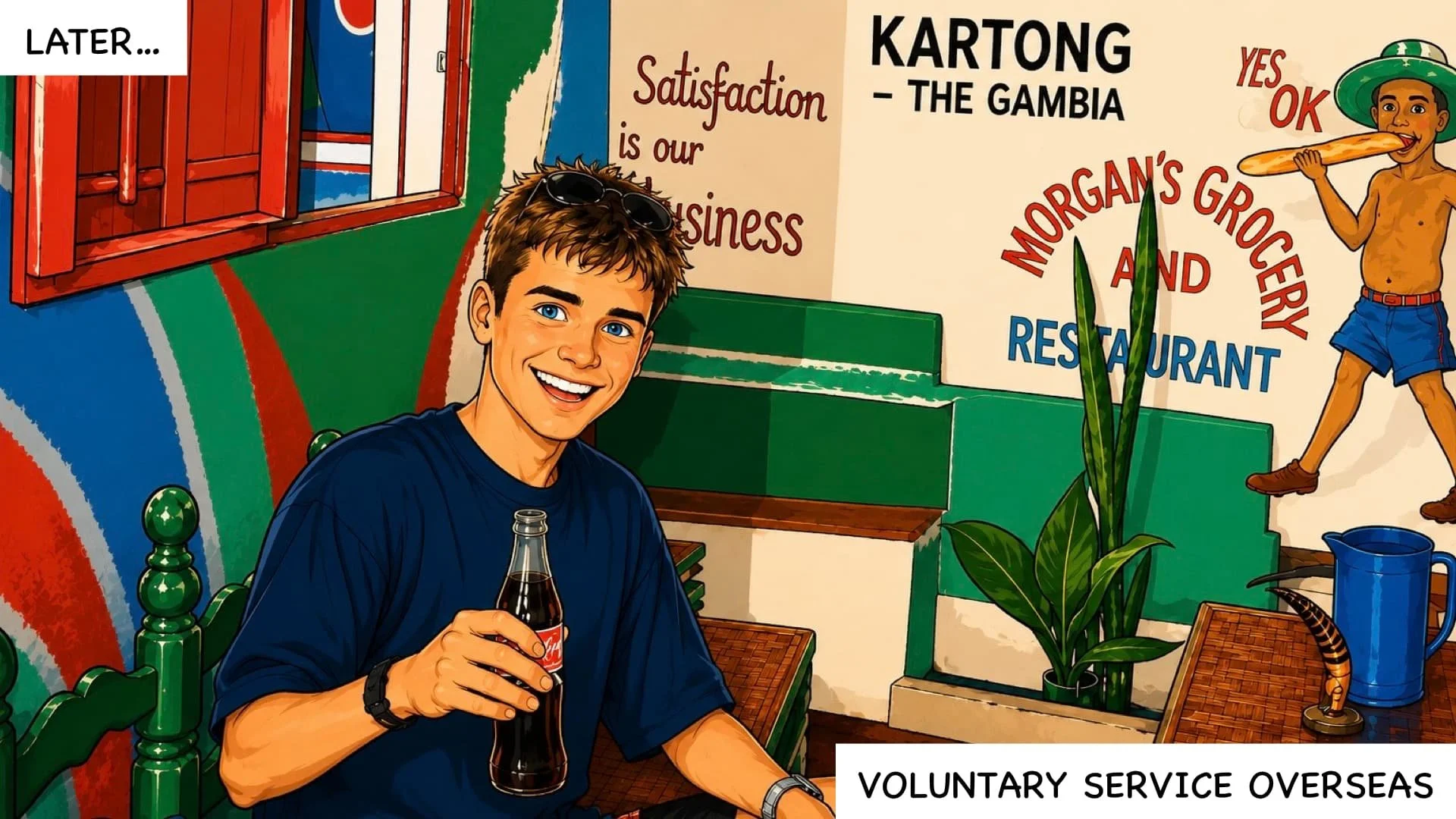 A cheerful young man with blue eyes, brown hair, and wearing a dark blue shirt, sitting at a restaurant table with a Coca-Cola bottle in hand. The restaurant has colorful walls and encouraging signs, including one for a restaurant called Kartong in The Gambia and another mentioning Morgan's Grocery and Restaurant. The scene has a lively, tropical vibe with a painting style.