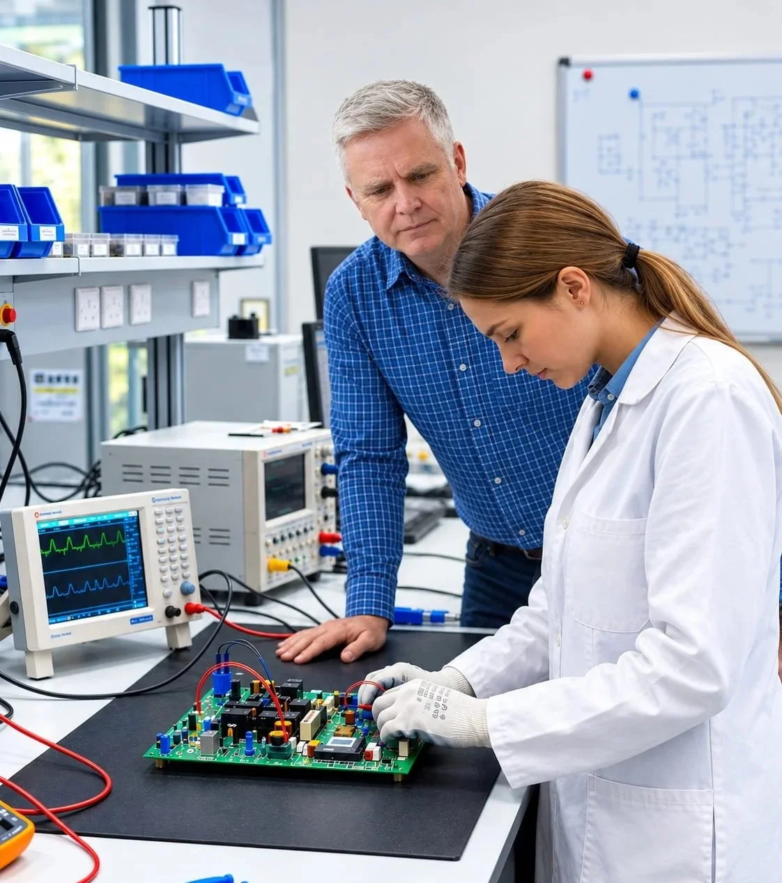 Male sales engineer and female design engineer working on an electronic circuit in a laboratory.