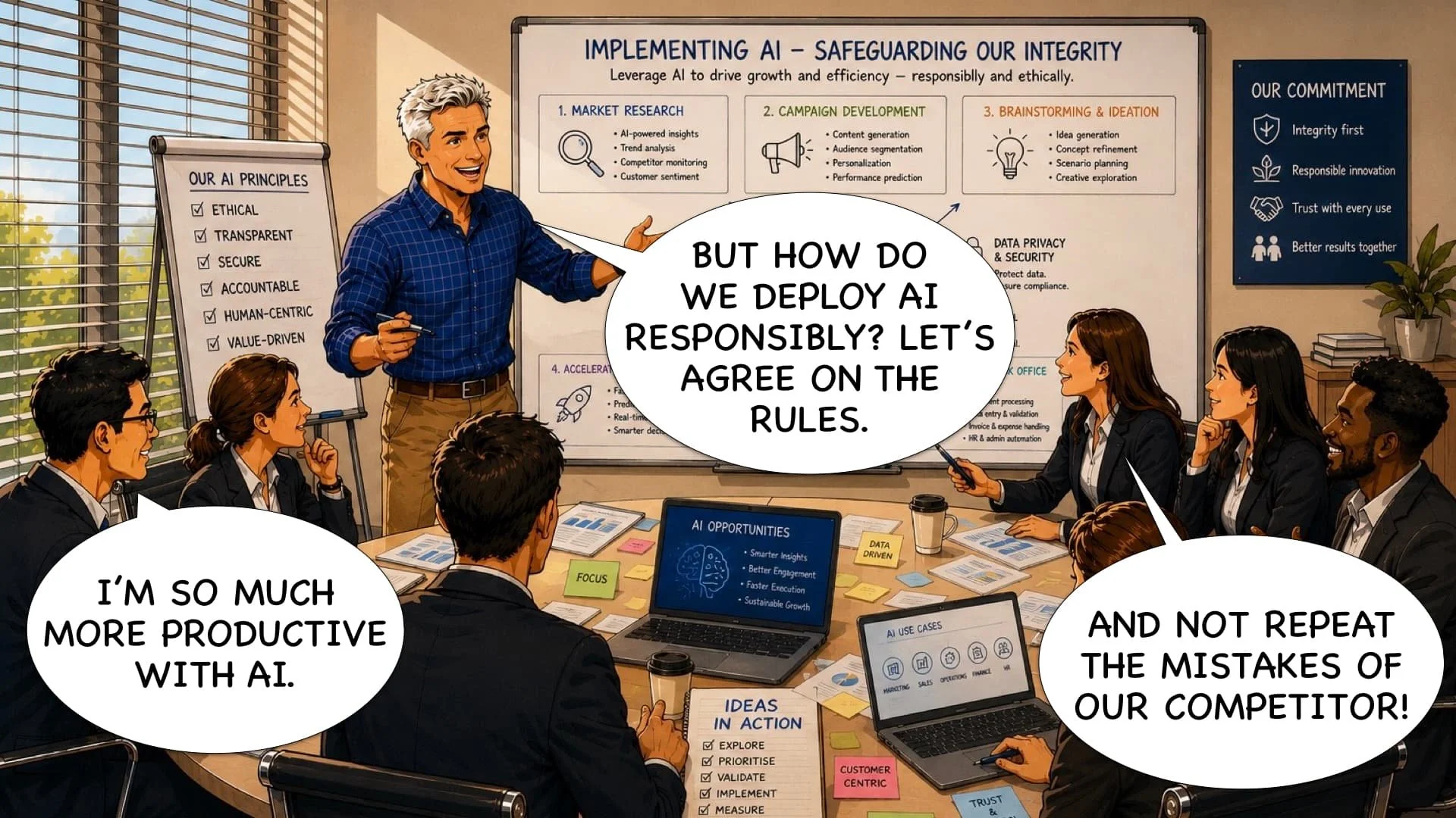 Illustration of a business presentation about implementing AI with a man speaking to a group of professionals in a conference room. The presentation includes topics on market research, campaign development, and brainstorming, with a board displaying AI principles like ethics, transparency, security, and accountability.
