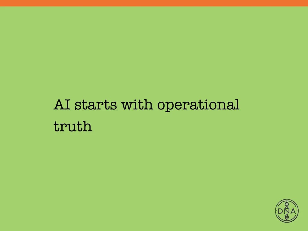 Green background with black text that reads 'AI starts with operational truth' and a small DNA and double helix graphic in the bottom right corner.