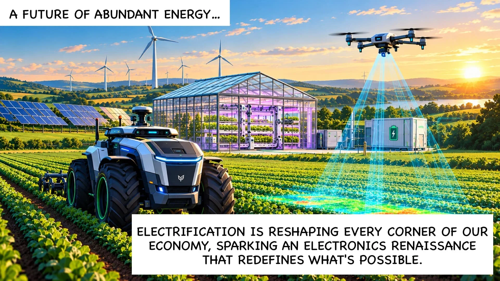 A futuristic farm scene at sunset shows a robotic tractor in green fields, a greenhouse with purple grow lights, and wind turbines in the background. A drone hovers over a portable electric power station, with blue digital energy beams, symbolizing renewable energy and advanced farming technology.