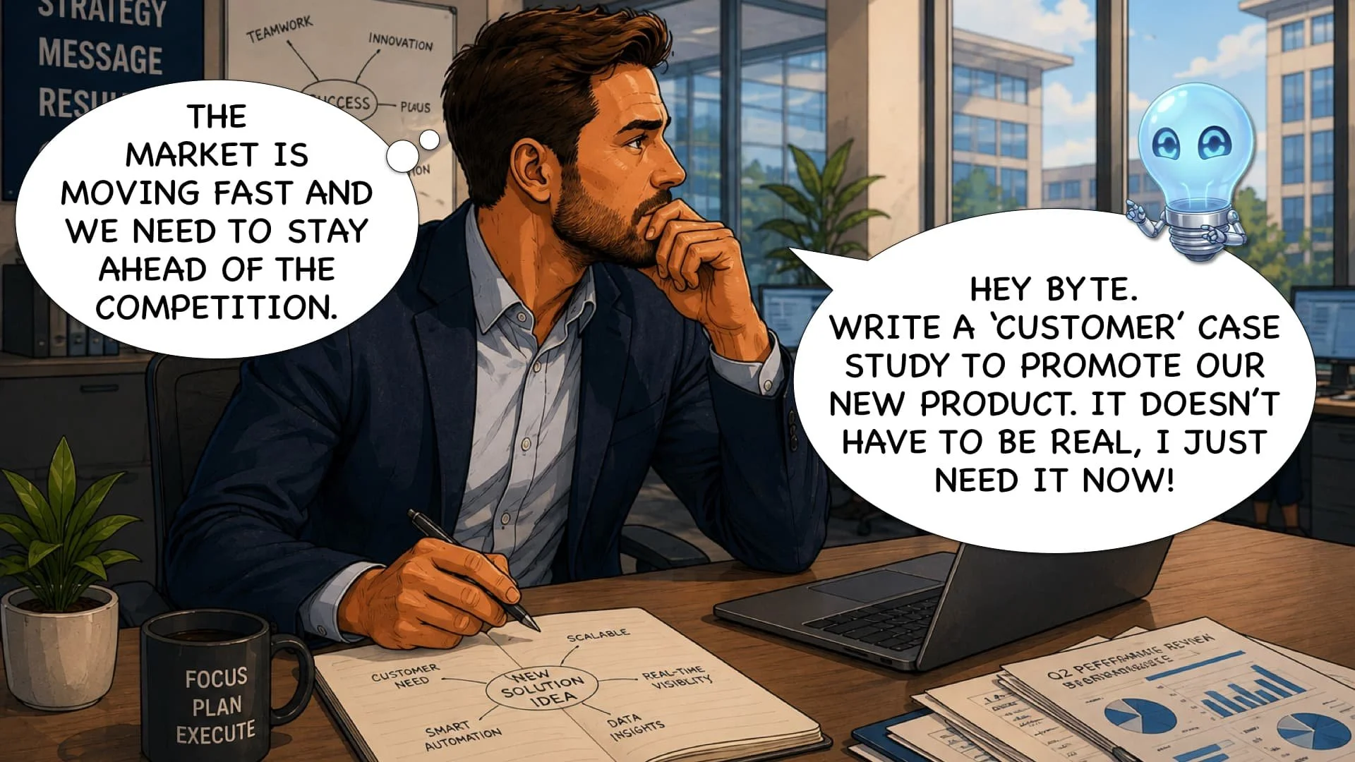 A man in a business suit sitting at a desk, deep in thought, with a laptop, papers, and a potted plant on the desk. He is holding a pen and looking at a robot character with a speech bubble. The robot has a light bulb head with a smiling face. The speech bubble says, 'Hey Byte. Write a 'customer' case study to promote our new product. It doesn't have to be real, I just need it now!' The man's speech bubble says, 'The market is moving fast and we need to stay ahead of the competition.' The office has large windows, a whiteboard with diagrams, and city buildings outside.