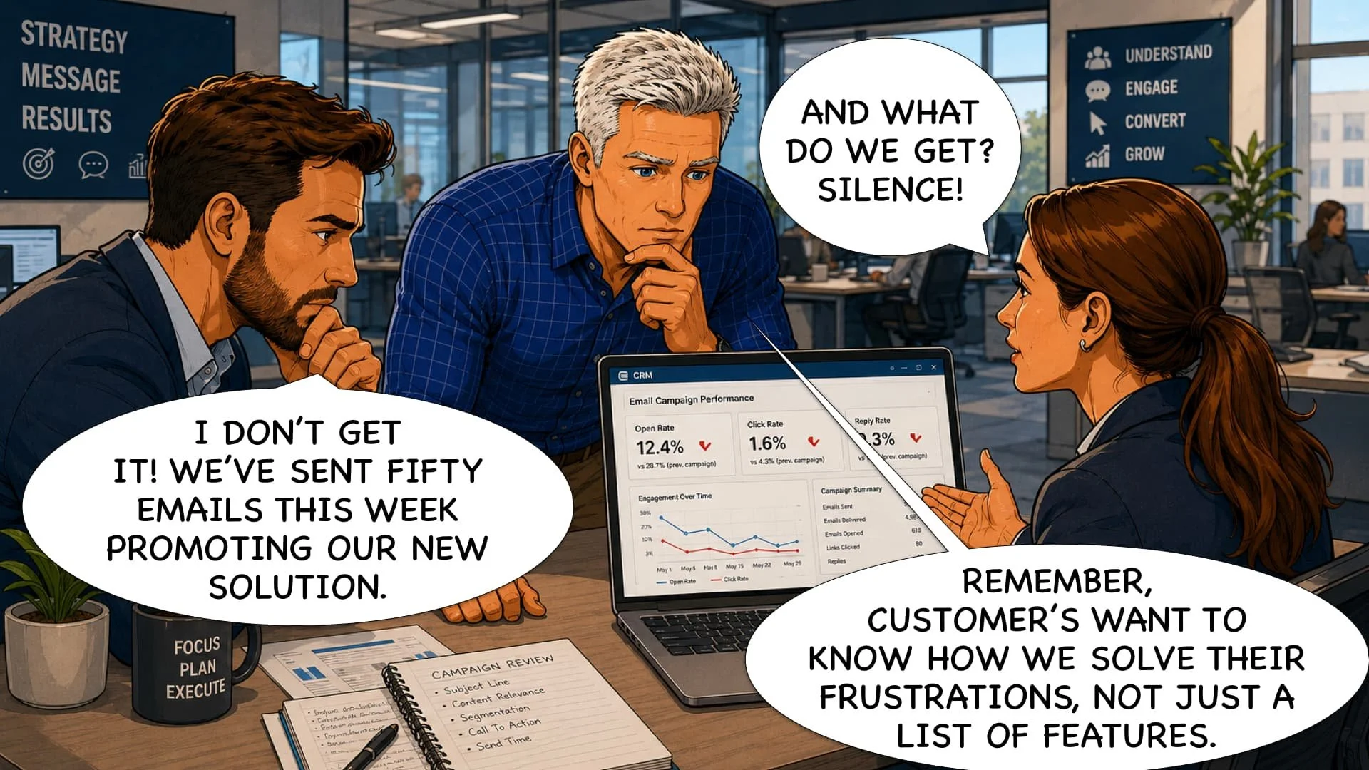 Three people in a modern office discussing email marketing results. The woman on the right shows a laptop screen with campaign analytics, and speech bubbles indicate they are debating the results.