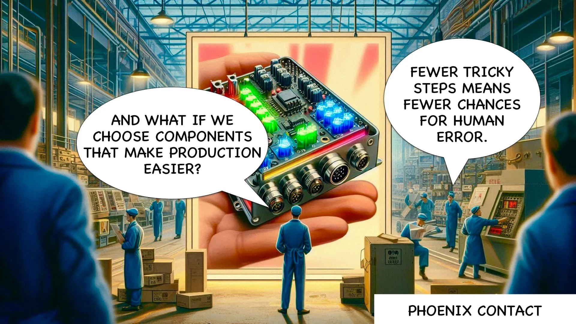 Illustration of a factory or warehouse with workers in blue uniforms. In the center, a large hand holds a circuit board with colorful components. Speech bubbles say, 'And what if we choose components that make production easier?' and 'Fewer tricky steps means fewer chances for human error.'