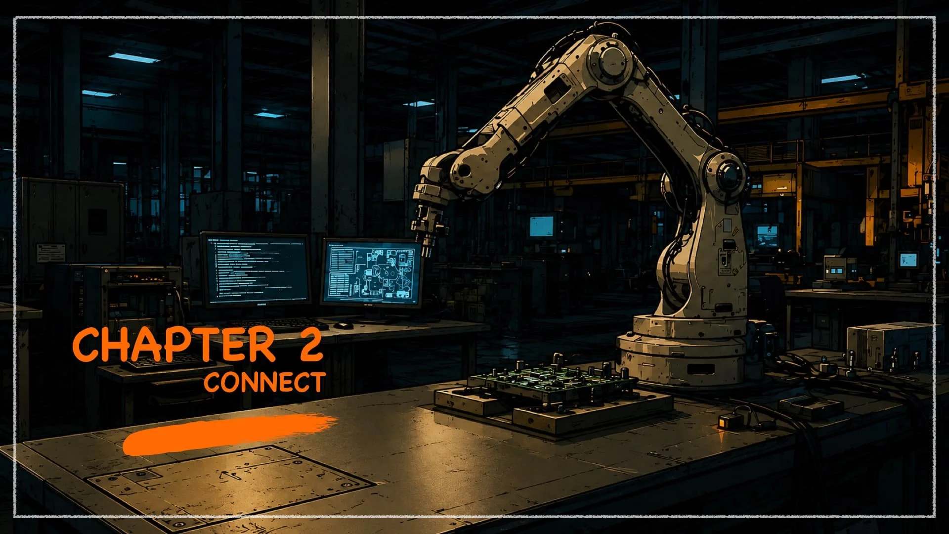An industrial robotics lab with a robotic arm connected to computer workstations, used for automation and manufacturing, with the text 'Chapter 2 Connect' in orange.