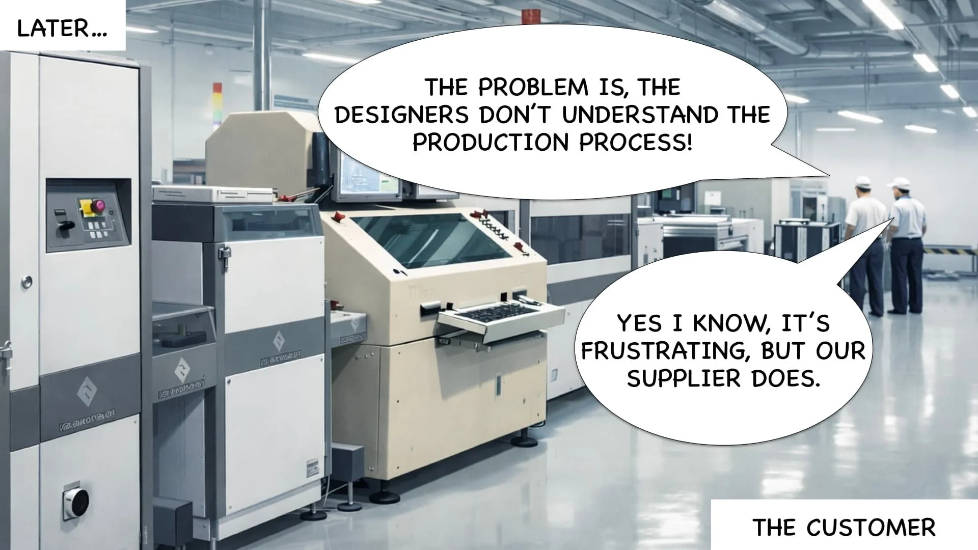 Inside a modern manufacturing facility with industrial machines and equipment. Two workers in the background are talking, with speech bubbles indicating a discussion about production issues and supplier frustrations.
