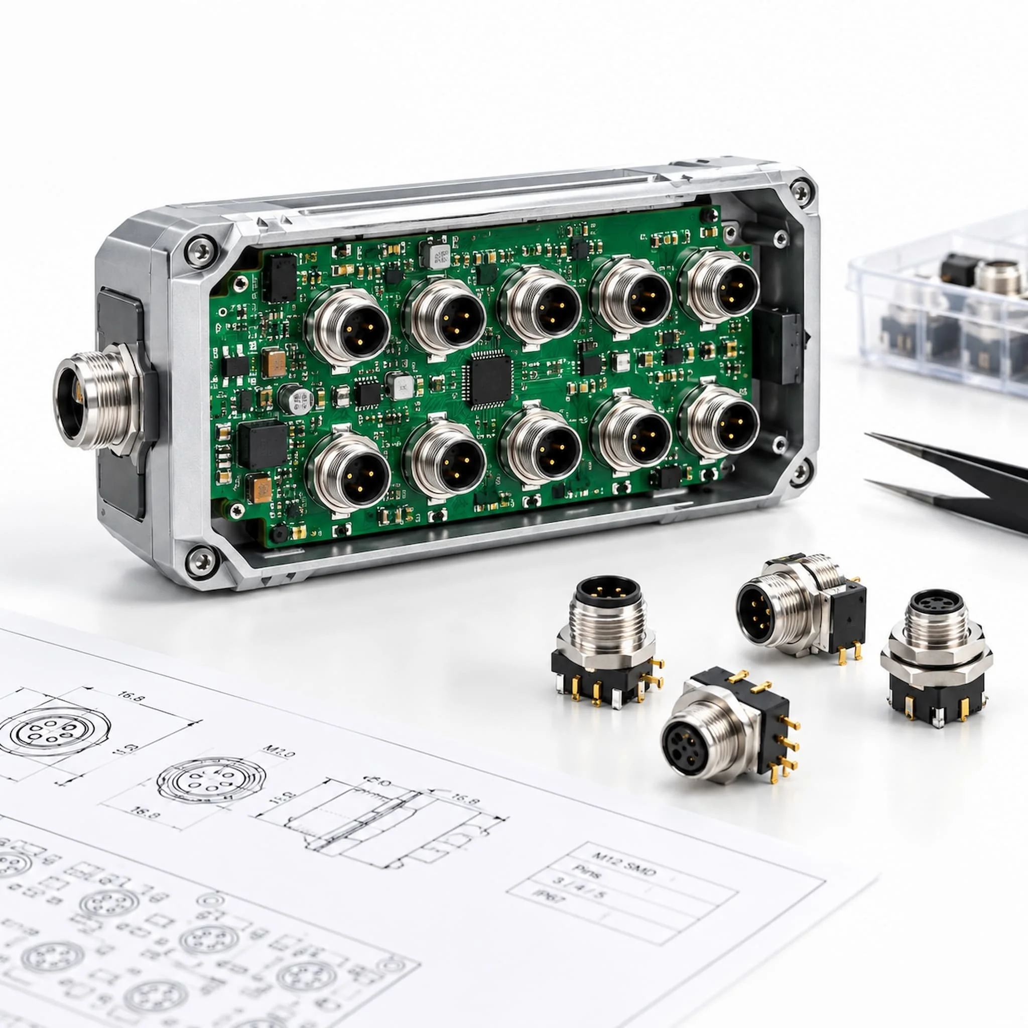 Close-up of an electronic circuit board with multiple connectors, placed above technical engineering drawings on a white surface.