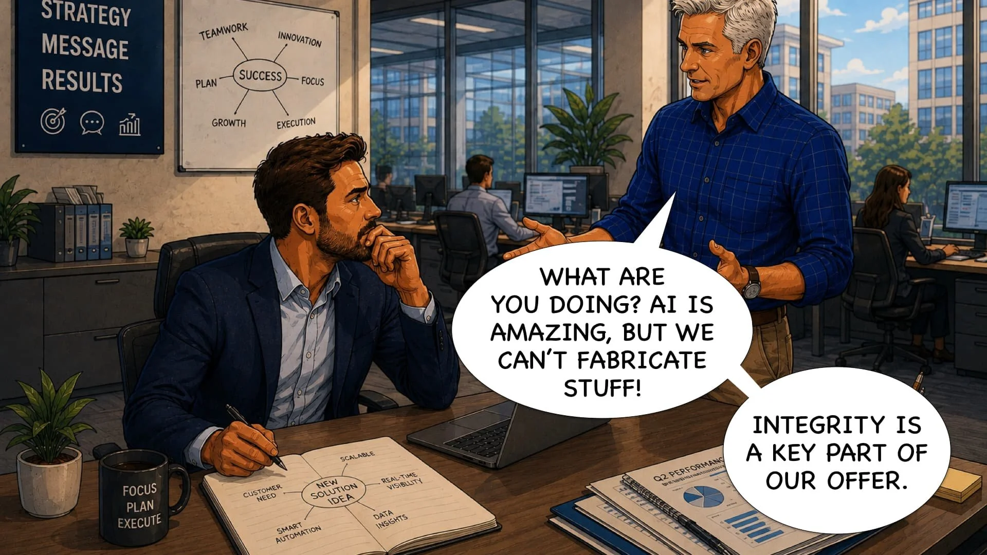 An office scene with two men having a discussion. One man is sitting at a desk looking thoughtful, holding a pen and surrounded by documents and notebooks. The other man is standing, speaking, and has a speech bubble that says, "What are you doing? AI is amazing, but we can't fabricate stuff!" The office has large windows, plants, and other employees working at computers. Behind the seated man, there is a whiteboard with words related to success and strategy.