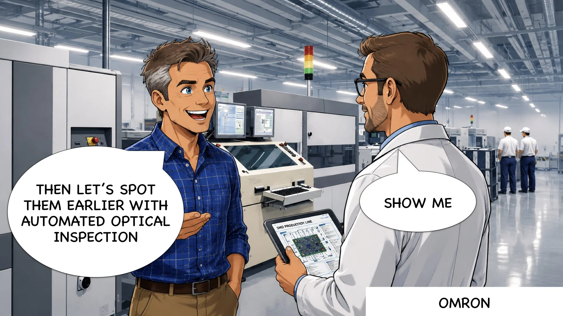 Engineers discussing Automated Optical Inspection on SMD production line