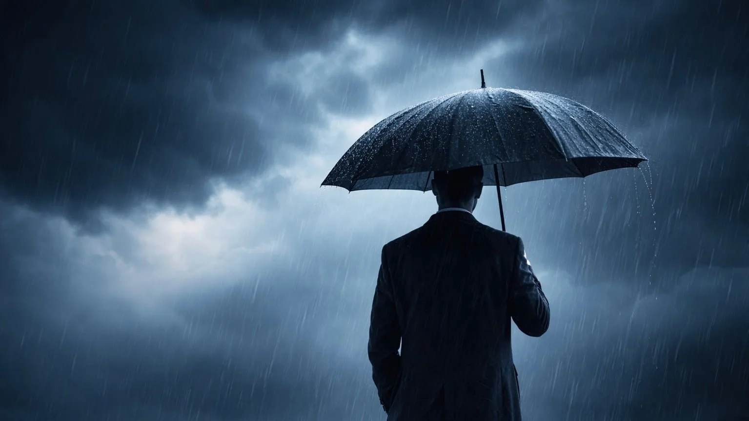 A man in a suit holding an umbrella in the rain, with dark stormy clouds overhead.