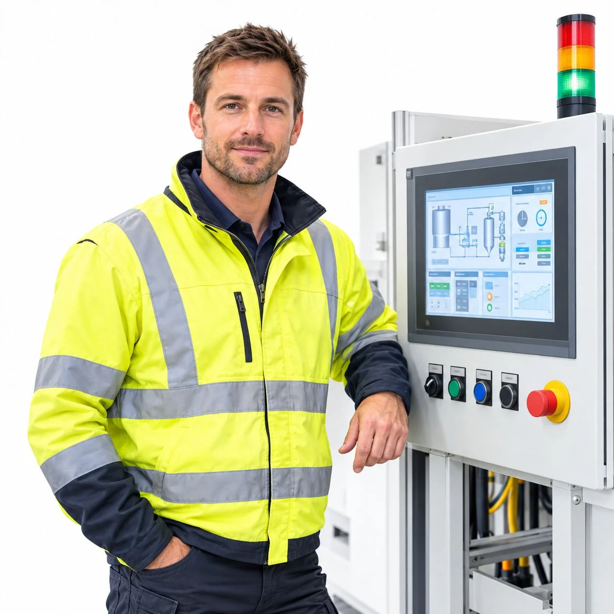 A man in a yellow safety jacket standing next to a control panel with a touchscreen interface in an industrial setting.