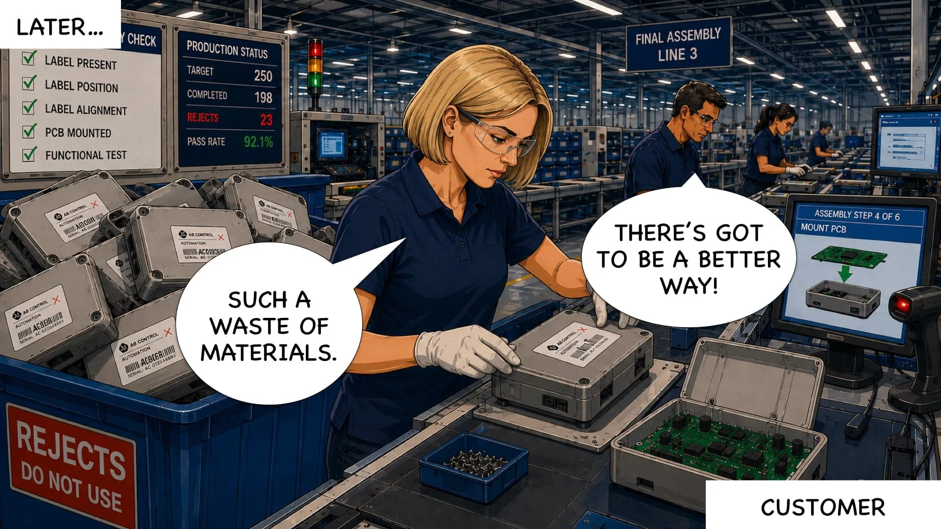 A woman working in an electronics assembly factory, inspecting a circuit board with other workers in the background, and a screen showing manufacturing data.