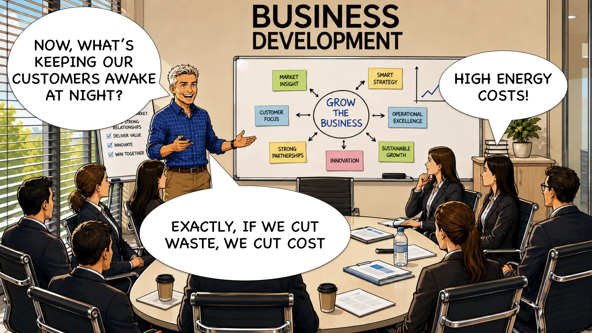 Business development meeting discussing customer pain points