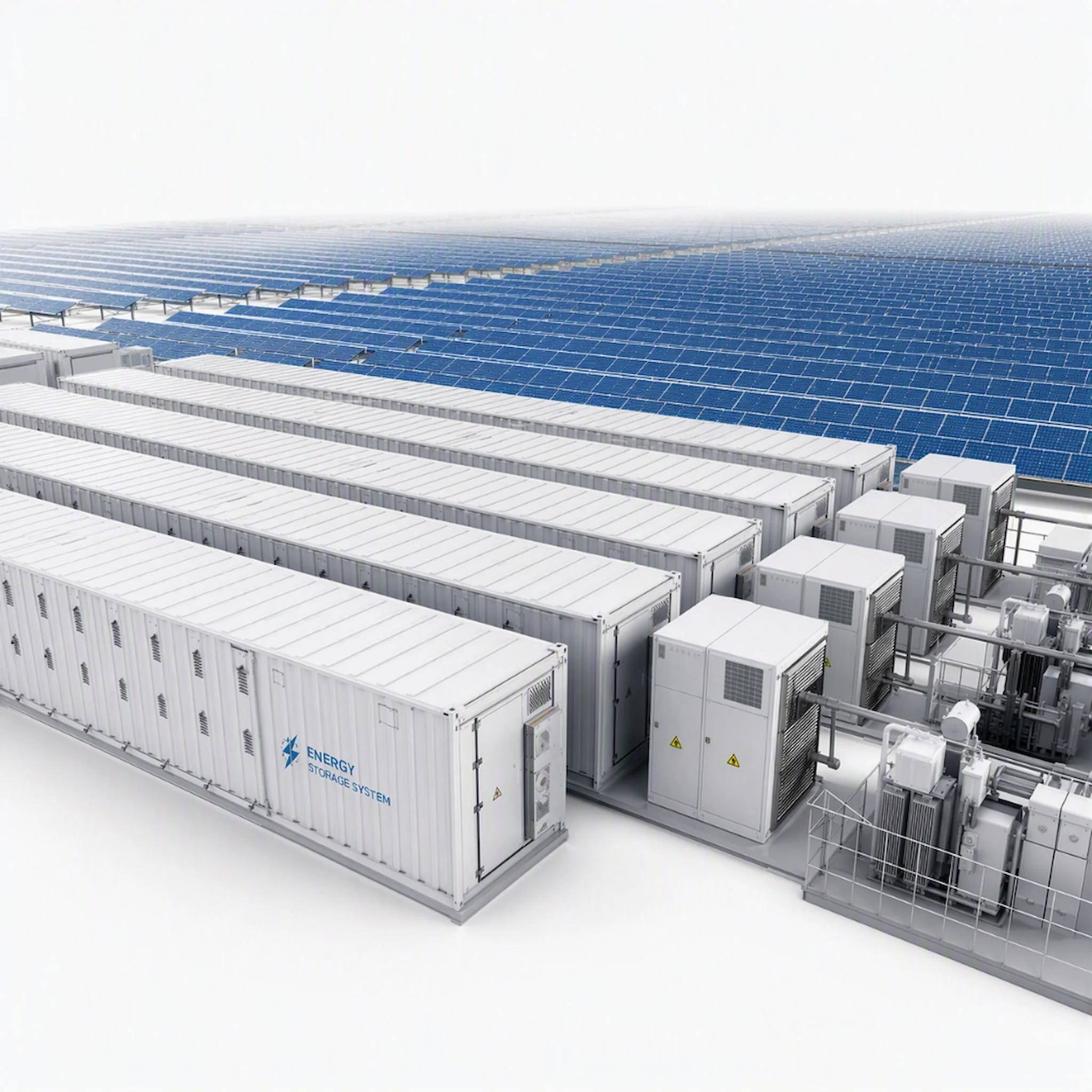 Large array of blue solar panels installed on white rooftops in an open space.