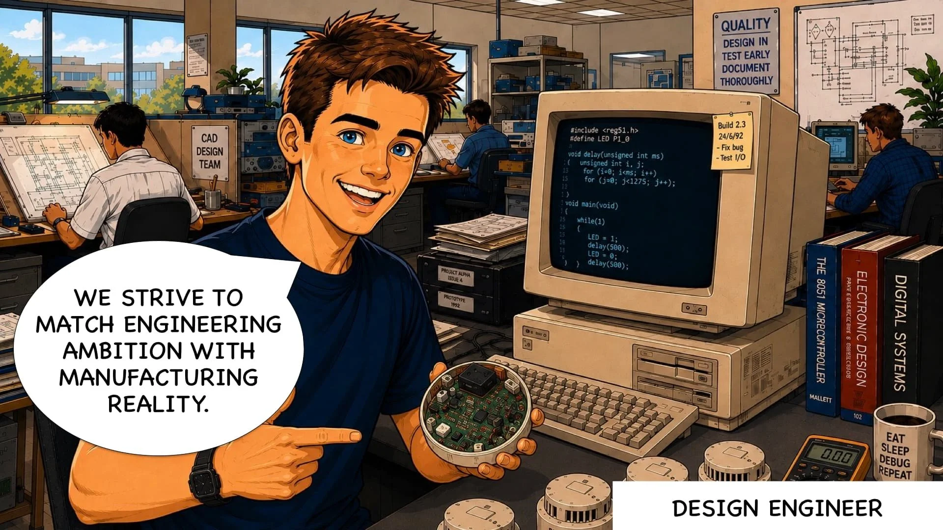 An illustration of a young man smiling and holding a circuit board in a manufacturing design workspace with engineers working at desks. The young man has a speech bubble that reads, "We strive to match engineering ambition with manufacturing reality." In the background, there are shelves with books, a computer monitor displaying code, and posters with engineering drawings and design principles.