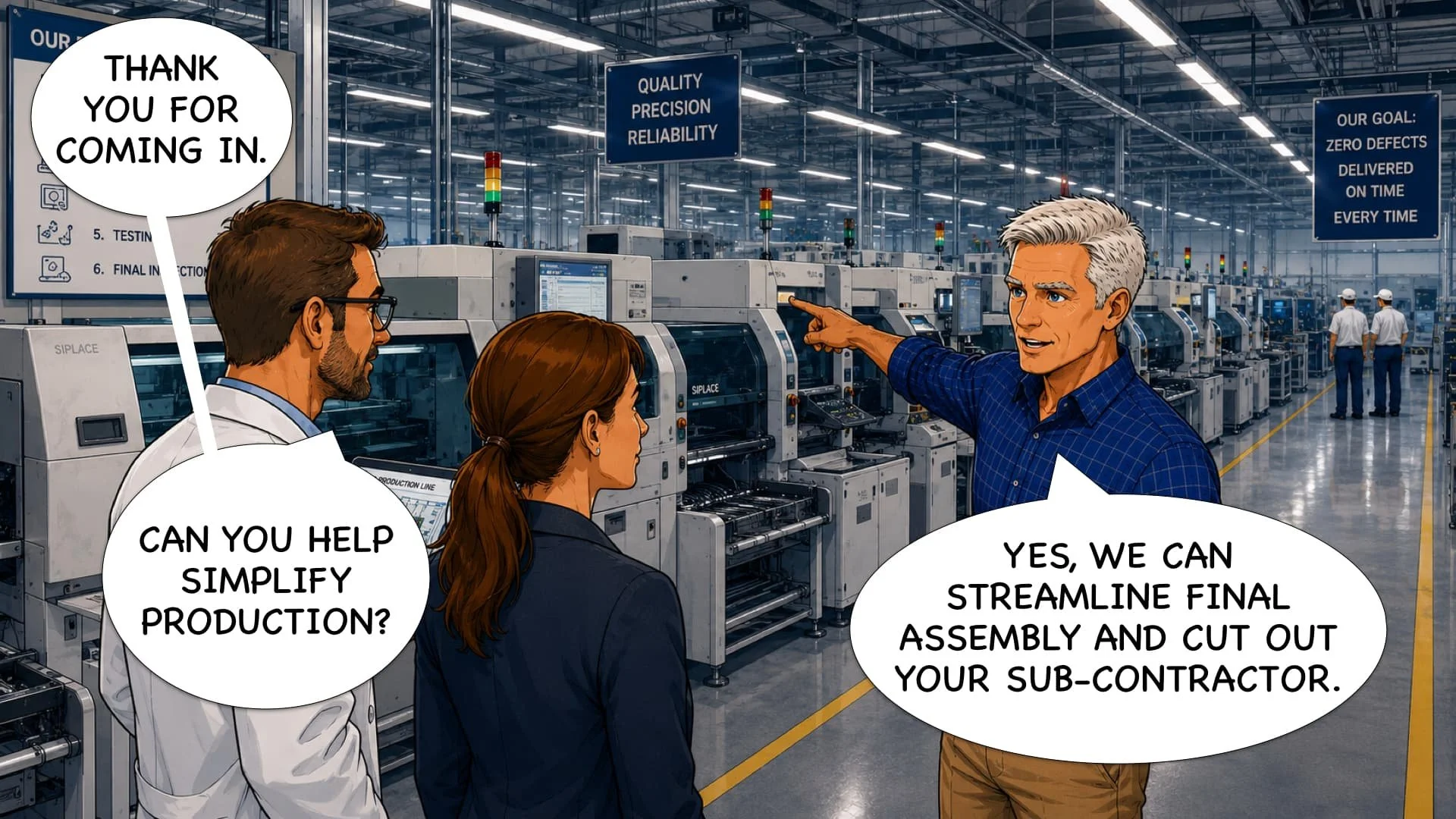 Three people having a conversation in a manufacturing facility. One man with gray hair is explaining a process, while a man with glasses and a woman are listening. Background shows industrial equipment and signs with quality standards.