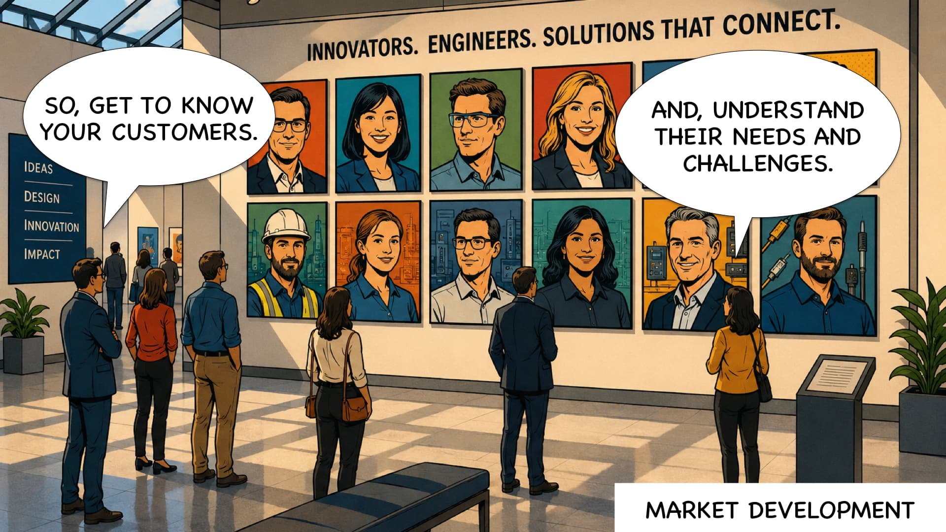 A group of people in a corporate office, standing and looking at a display wall with portraits of diverse professionals. The wall features the phrase 'Innovators, Engineers, Solutions that Connect' and a sidebar listing 'Ideas, Design, Innovation, Impact.' Two speech bubbles say, 'So, get to know your customers.' and 'And, understand their needs and challenges.'