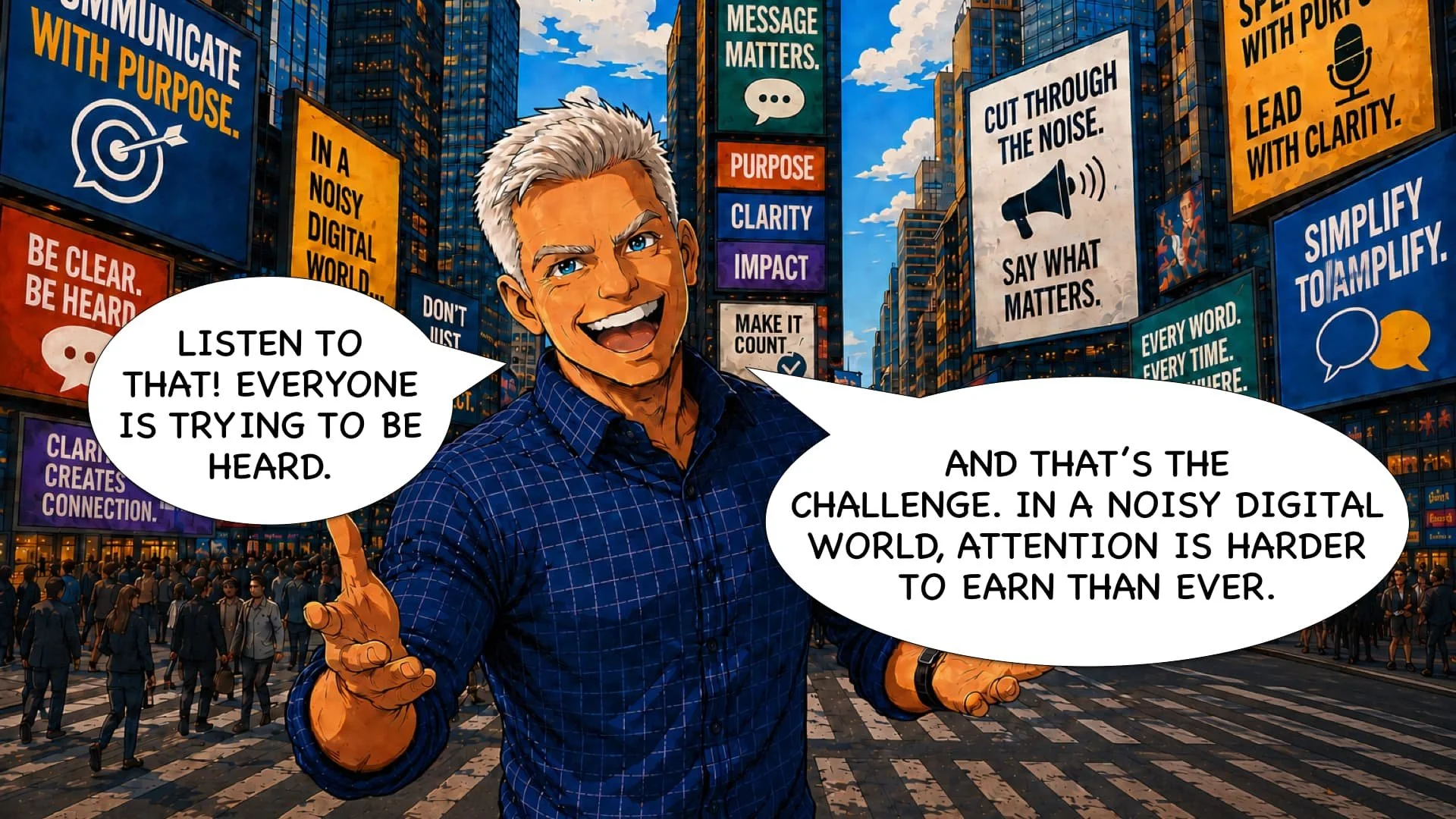 A cartoon illustration of a smiling man with gray hair wearing a blue checkered shirt, in a bustling cityscape with digital billboards, some displaying messages about communication, purpose, clarity, impact, and noise. The man has speech bubbles saying, 'Listen to that! Everyone is trying to be heard.' and 'And that's the challenge. In a noisy digital world, attention is harder to earn than ever.'