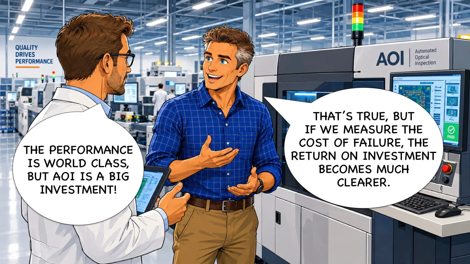 Two men having a conversation in a high-tech manufacturing facility with automated inspection machines. One man, in a lab coat, holds a tablet, and they discuss performance and investment in automation technology.