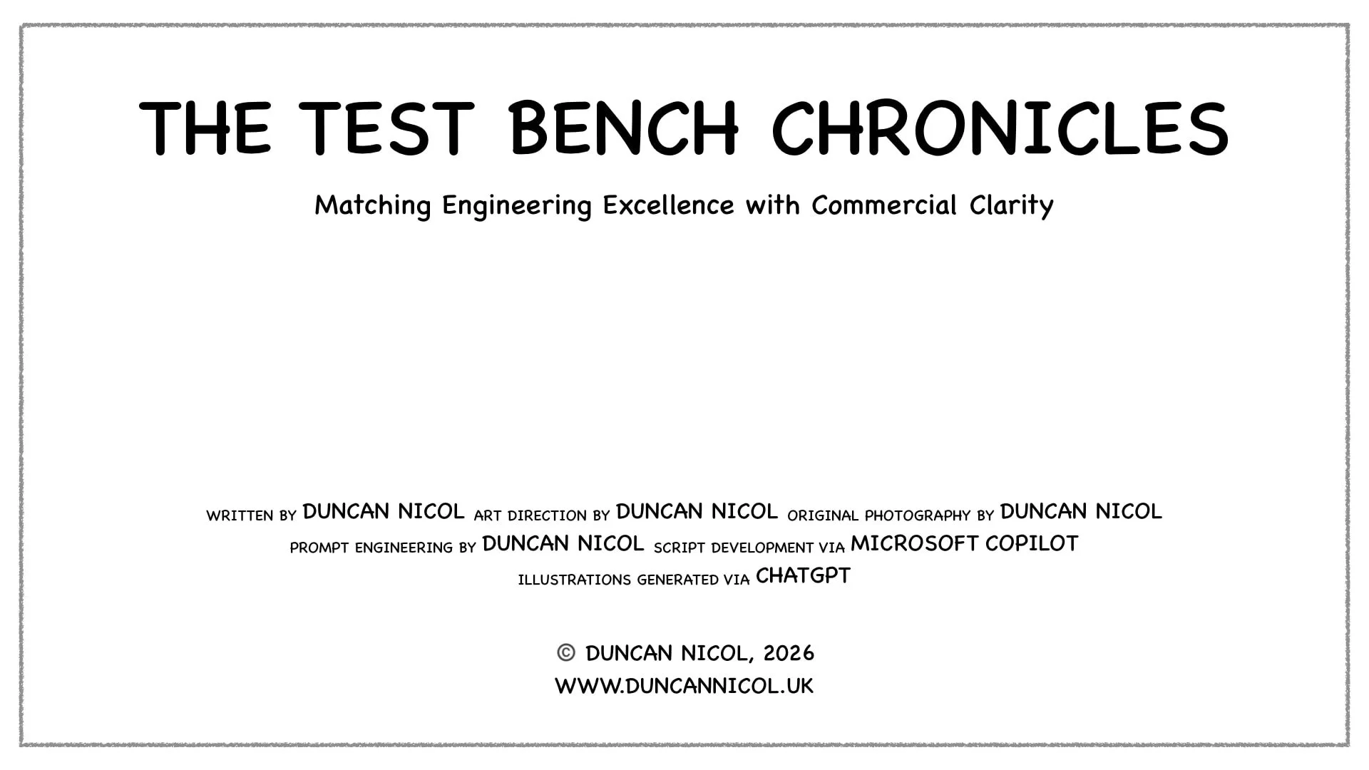 Title page of 'The Test Bench Chronicles' with additional credits and website URL