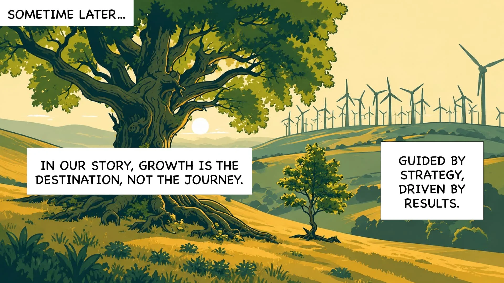 A scenic landscape featuring a large tree in the foreground with a smaller tree nearby. In the background, rolling hills are lined with wind turbines, with the sun setting near the horizon. The image includes inspirational text about growth, strategy, and results.