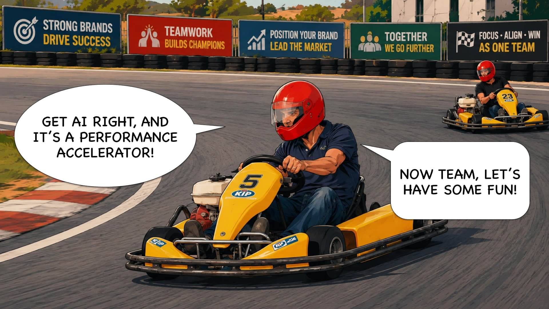 Two people riding go-karts on a race track, with promo banners in the background. The person in the front is wearing a red helmet and a dark blue shirt, speaking about AI and performance accelerators. The person in the back also wears a red helmet and a black shirt, expressing excitement.